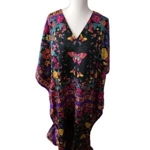 Winlar Kaftan House Dress Muumuu OSFA Purple Satin Maxi Butterfly Boho Retro